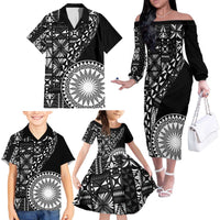 Black Tongan Ngatu Fonulei Pattern Family Matching Off The Shoulder Long Sleeve Dress and Hawaiian Shirt