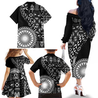 Black Tongan Ngatu Fonulei Pattern Family Matching Off The Shoulder Long Sleeve Dress and Hawaiian Shirt