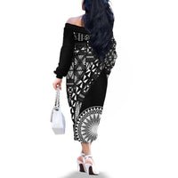 Black Tongan Ngatu Fonulei Pattern Family Matching Off The Shoulder Long Sleeve Dress and Hawaiian Shirt