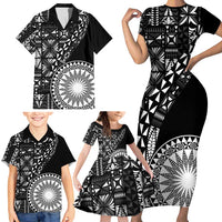 Black Tongan Ngatu Fonulei Pattern Family Matching Short Sleeve Bodycon Dress and Hawaiian Shirt