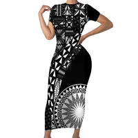Black Tongan Ngatu Fonulei Pattern Short Sleeve Bodycon Dress LT9 Long Dress Black - Polynesian Pride