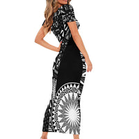 Black Tongan Ngatu Fonulei Pattern Short Sleeve Bodycon Dress LT9 - Polynesian Pride