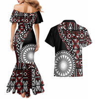 Red Tongan Ngatu Fonulei Pattern Couples Matching Mermaid Dress and Hawaiian Shirt