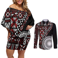 Red Tongan Ngatu Fonulei Pattern Couples Matching Off Shoulder Short Dress and Long Sleeve Button Shirt
