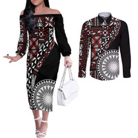 Red Tongan Ngatu Fonulei Pattern Couples Matching Off The Shoulder Long Sleeve Dress and Long Sleeve Button Shirt