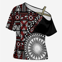 Red Tongan Ngatu Fonulei Pattern Cross Shoulder Shirt - Polynesian Pride