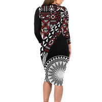 Red Tongan Ngatu Fonulei Pattern Family Matching Long Sleeve Bodycon Dress and Hawaiian Shirt