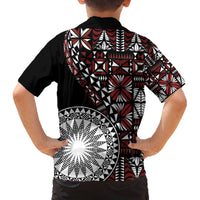 Red Tongan Ngatu Fonulei Pattern Family Matching Off The Shoulder Long Sleeve Dress and Hawaiian Shirt