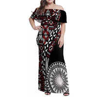 Red Tongan Ngatu Fonulei Pattern Family Matching Off Shoulder Maxi Dress and Hawaiian Shirt