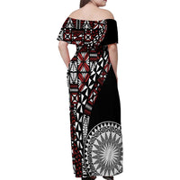 Red Tongan Ngatu Fonulei Pattern Family Matching Off Shoulder Maxi Dress and Hawaiian Shirt