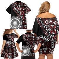 Red Tongan Ngatu Fonulei Pattern Family Matching Off Shoulder Short Dress and Hawaiian Shirt