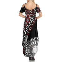 Red Tongan Ngatu Fonulei Pattern Family Matching Summer Maxi Dress and Hawaiian Shirt
