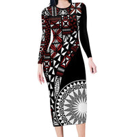 Red Tongan Ngatu Fonulei Pattern Long Sleeve Bodycon Dress