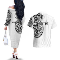 Hawaii and Japanese Culture Personalised Couples Matching Off The Shoulder Long Sleeve Dress and Hawaiian Shirt With Polynesian Tribal Tattoo Style