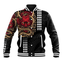 Hawaii and Japanese Oni Mask Personalised Baseball Jacket Kakau Pattern Dark Art Style