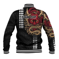 Hawaii and Japanese Oni Mask Personalised Baseball Jacket Kakau Pattern Dark Art Style