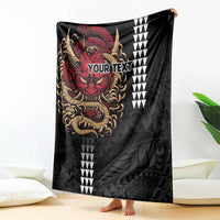 Hawaii and Japanese Oni Mask Personalised Blanket Kakau Pattern Dark Art Style