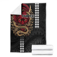 Hawaii and Japanese Oni Mask Personalised Blanket Kakau Pattern Dark Art Style