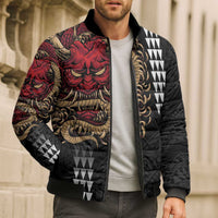 Hawaii and Japanese Oni Mask Personalised Bomber Puffer Jacket Kakau Pattern Dark Art Style - Polynesian Pride