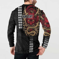 Hawaii and Japanese Oni Mask Personalised Button Sweatshirt Kakau Pattern Dark Art Style