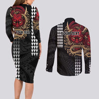 Hawaii and Japanese Oni Mask Personalised Couples Matching Long Sleeve Bodycon Dress and Long Sleeve Button Shirt Kakau Pattern Dark Art Style