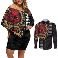 Hawaii and Japanese Oni Mask Personalised Couples Matching Off Shoulder Short Dress and Long Sleeve Button Shirt Kakau Pattern Dark Art Style