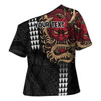 Hawaii and Japanese Oni Mask Personalised Cross Shoulder Shirt Kakau Pattern Dark Art Style - Polynesian Pride