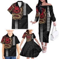 Hawaii and Japanese Oni Mask Personalised Family Matching Off The Shoulder Long Sleeve Dress and Hawaiian Shirt Kakau Pattern Dark Art Style
