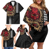 Hawaii and Japanese Oni Mask Personalised Family Matching Off Shoulder Short Dress and Hawaiian Shirt Kakau Pattern Dark Art Style