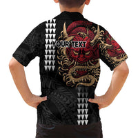 Hawaii and Japanese Oni Mask Personalised Family Matching Tank Maxi Dress and Hawaiian Shirt Kakau Pattern Dark Art Style