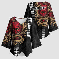 Hawaii and Japanese Oni Mask Personalised Kimono Sleeve Blouse Kakau Pattern Dark Art Style - Polynesian Pride