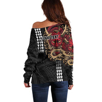Hawaii and Japanese Oni Mask Personalised Off Shoulder Sweater Kakau Pattern Dark Art Style