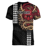 Hawaii and Japanese Oni Mask Personalised Women V-Neck T-Shirt Kakau Pattern Dark Art Style