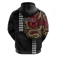 Hawaii and Japanese Oni Mask Personalised Zip Hoodie Kakau Pattern Dark Art Style