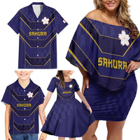 Japan Pacific Rugby 2022-23 Custom Family Matching Off Shoulder Short Dress and Hawaiian Shirt Blue Sakura Japanese Wave Pattern