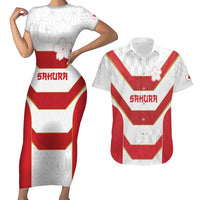 Japan Pacific Rugby 2022-23 Custom Couples Matching Short Sleeve Bodycon Dress and Hawaiian Shirt Red Sakura Japanese Wave Pattern