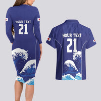 Japan Pacific Rugby Custom Couples Matching Long Sleeve Bodycon Dress and Hawaiian Shirt Go Sakura Japanese Wave Pattern