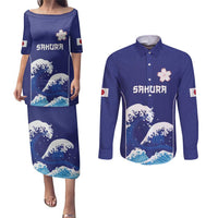 Japan Pacific Rugby Custom Couples Matching Puletasi and Long Sleeve Button Shirt Go Sakura Japanese Wave Pattern
