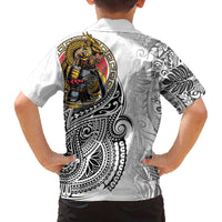 Japanese Samurai Warrior Family Matching Off The Shoulder Long Sleeve Dress and Hawaiian Shirt White Polynesian Tattoo Style
