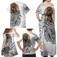 Japanese Samurai Warrior Family Matching Off Shoulder Maxi Dress and Hawaiian Shirt White Polynesian Tattoo Style