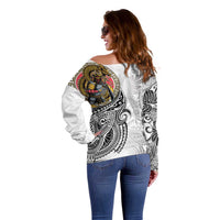 Japanese Samurai Warrior Off Shoulder Sweater White Polynesian Tattoo Style