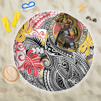 Japanese Samurai Warrior Beach Blanket Colorful Polynesian Tattoo Style