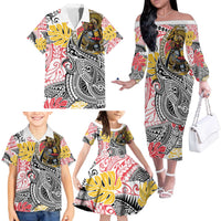 Japanese Samurai Warrior Family Matching Off The Shoulder Long Sleeve Dress and Hawaiian Shirt Colorful Polynesian Tattoo Style