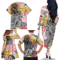 Japanese Samurai Warrior Family Matching Off The Shoulder Long Sleeve Dress and Hawaiian Shirt Colorful Polynesian Tattoo Style