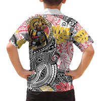 Japanese Samurai Warrior Family Matching Off Shoulder Short Dress and Hawaiian Shirt Colorful Polynesian Tattoo Style