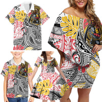 Japanese Samurai Warrior Family Matching Off Shoulder Short Dress and Hawaiian Shirt Colorful Polynesian Tattoo Style