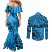 Fiji Rugby Couples Matching Mermaid Dress and Long Sleeve Button Shirt Kaiviti Fijian Tribal World Cup Blue No1 LT9 - Polynesian Pride