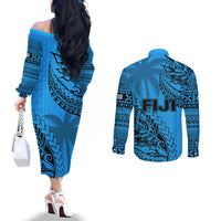 Fiji Rugby Couples Matching Off The Shoulder Long Sleeve Dress and Long Sleeve Button Shirt Kaiviti Fijian Tribal World Cup Blue No1 LT9 - Polynesian Pride
