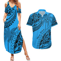 Custom Fiji Rugby Couples Matching Summer Maxi Dress and Hawaiian Shirt Kaiviti Fijian Tribal World Cup Blue No1 LT9 Blue - Polynesian Pride