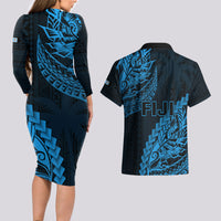 Fiji Rugby Couples Matching Long Sleeve Bodycon Dress and Hawaiian Shirt Kaiviti Fijian Tribal World Cup Blue No2 LT9 - Polynesian Pride
